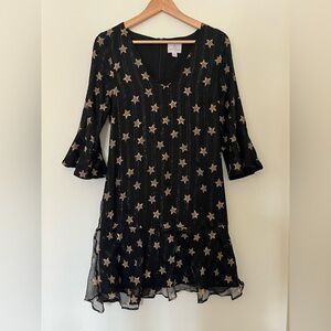Vintage Y2K 100% Silk Black Dress Gold Star Pattern Bell Sleeve Flowy Chiffon S